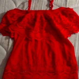 Bright red off the shoulder shirt with lace